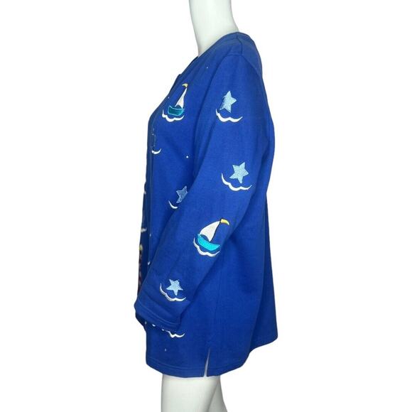Quacker Factory Sweater Womens Medium Cardigan Blue Lighthouses Nautical Vintage - Picture 3 of 7